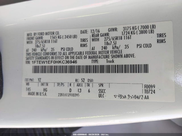 Продаж на аукціоні авто 2017 Ford F-150 Lariat, vin: 1FTEW1EF0HKC36946, номер лоту: 45999645