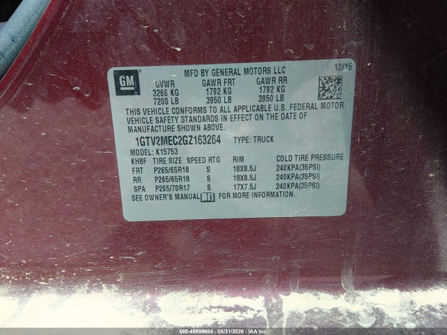 Продаж на аукціоні авто 2016 Gmc Sierra 1500 Sle, vin: 1GTV2MEC2GZ163264, номер лоту: 45999684