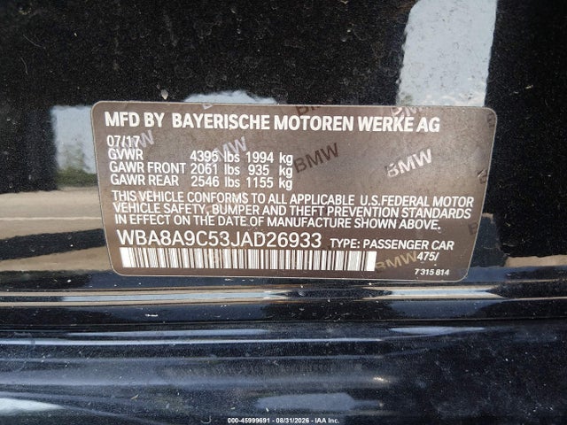 45999691 :رقم المزاد ، WBA8A9C53JAD26933 vin ، 2018 Bmw 320i مزاد بيع