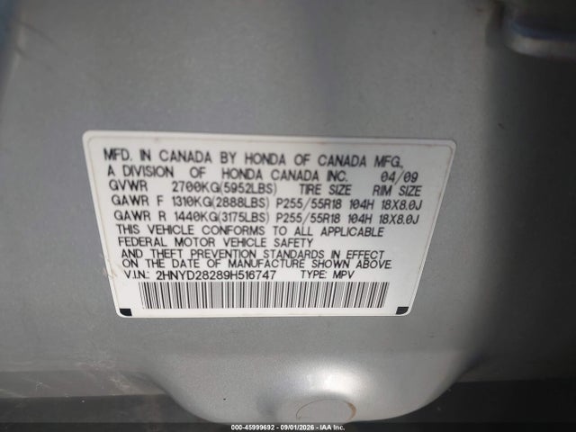 Aukcja sprzedaży 2009 Acura Mdx, vin: 2HNYD28289H516747, numer aukcji: 45999692