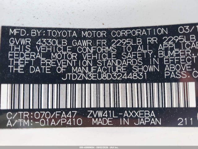 45999694 :رقم المزاد ، JTDZN3EU8D3244831 vin ، 2013 Toyota Prius V Three مزاد بيع