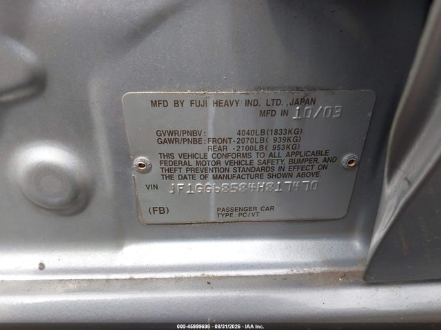 Aukcja sprzedaży 2004 Subaru Impreza Outback Sport, vin: JF1GG68584H817470, numer aukcji: 45999698