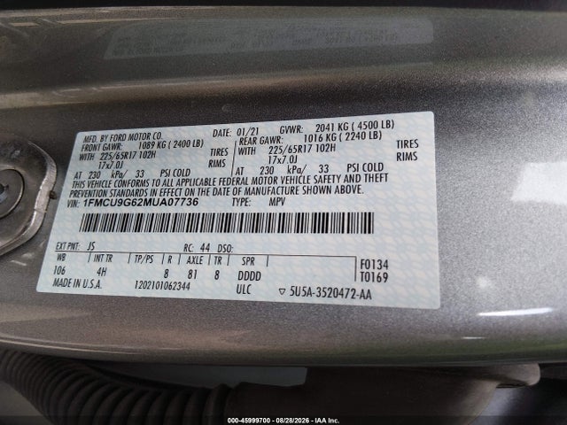 Продажа на аукционе авто 2021 Ford Escape Se, vin: 1FMCU9G62MUA07736, номер лота: 45999700