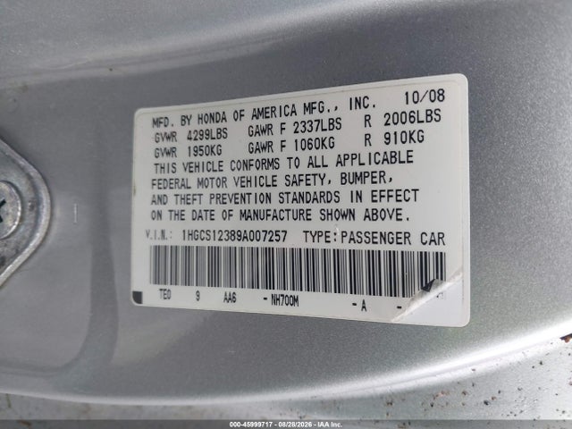 Aukcja sprzedaży 2009 Honda Accord 2.4 Lx-s, vin: 1HGCS12389A007257, numer aukcji: 45999717