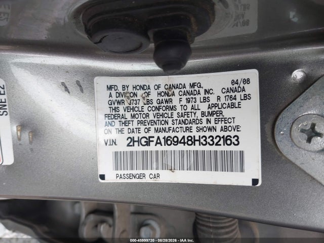 Aukcja sprzedaży 2008 Honda Civic Ex-l, vin: 2HGFA16948H332163, numer aukcji: 45999720