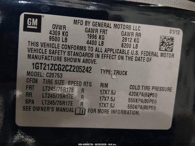 Auction sale of the 2012 Gmc Sierra 2500hd Work Truck, vin: 1GT21ZCG2CZ205242, lot number: 45999726