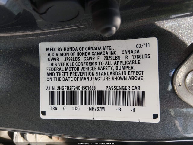 45999727 :رقم المزاد ، 2HGFB2F94CH501688 vin ، 2012 Honda Civic Ex-l مزاد بيع
