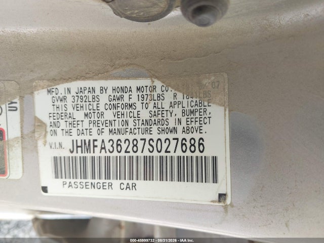 2007 Honda Civic Hybrid მანქანა იყიდება აუქციონზე, vin: JHMFA36287S027686, აუქციონის ნომერი: 45999732