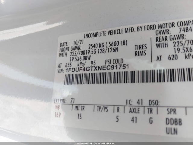 2022 Ford F-450 Chassis Xl მანქანა იყიდება აუქციონზე, vin: 1FDUF4GTXNEC91751, აუქციონის ნომერი: 45999754
