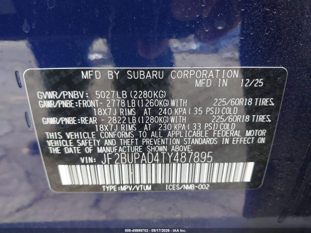 45999752 :رقم المزاد ، JF2BUPAD4TY487895 vin ، 2026 Subaru Outback Premium مزاد بيع