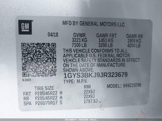 Продаж на аукціоні авто 2018 Cadillac Escalade Luxury, vin: 1GYS3BKJ9JR323679, номер лоту: 45999771