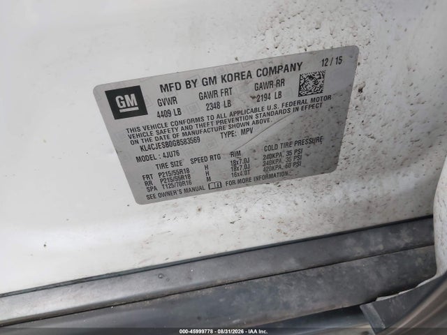 Aukcja sprzedaży 2016 Buick Encore, vin: KL4CJESB0GB583569, numer aukcji: 45999778