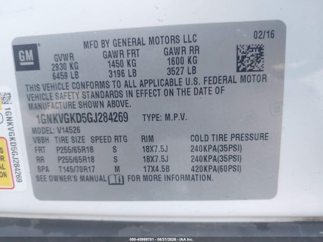 45999781 :رقم المزاد ، 1GNKVGKD5GJ284269 vin ، 2016 Chevrolet Traverse 1lt مزاد بيع