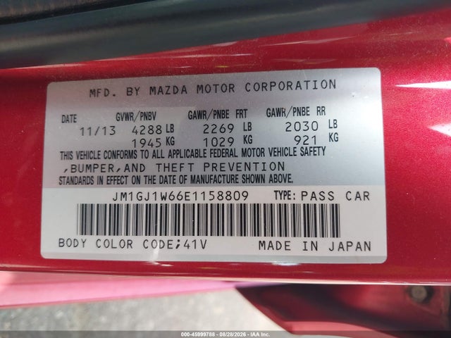 45999788 :رقم المزاد ، JM1GJ1W66E1158809 vin ، 2014 Mazda Mazda6 I Grand Touring مزاد بيع