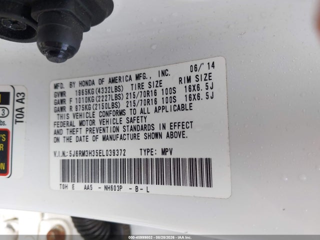 Aukcja sprzedaży 2014 Honda Cr-v Lx, vin: 5J6RM3H35EL039372, numer aukcji: 45999802
