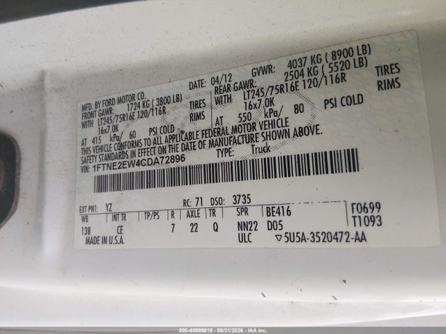 45999819 :رقم المزاد ، 1FTNE2EW4CDA72896 vin ، 2012 Ford E-250 Commercial مزاد بيع