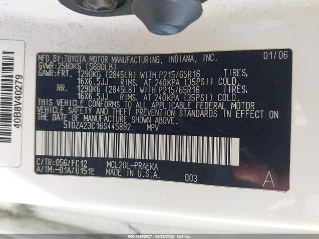 Продажа на аукционе авто 2006 Toyota Sienna Le, vin: 5TDZA23C16S445892, номер лота: 45999827