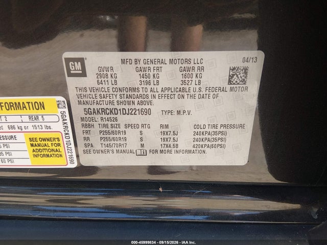 2013 Buick Enclave Leather მანქანა იყიდება აუქციონზე, vin: 5GAKRCKD1DJ221690, აუქციონის ნომერი: 45999834