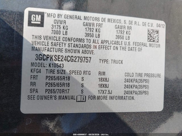 2012 Chevrolet Silverado 1500 Lt მანქანა იყიდება აუქციონზე, vin: 3GCPKSE24CG279757, აუქციონის ნომერი: 45999837