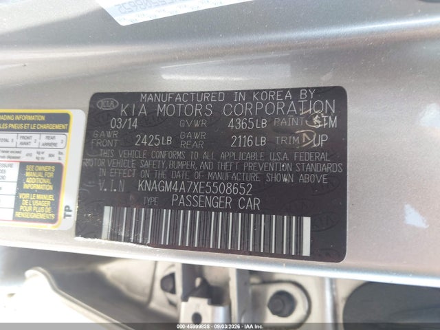 2014 Kia Optima Lx მანქანა იყიდება აუქციონზე, vin: KNAGM4A7XE5508652, აუქციონის ნომერი: 45999838