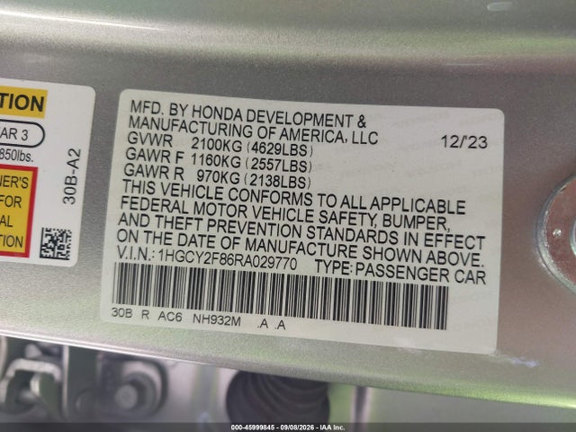 45999845 :رقم المزاد ، 1HGCY2F86RA029770 vin ، 2024 Honda Accord Hybrid Touring مزاد بيع