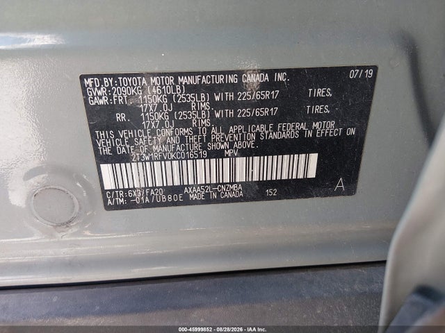 Aukcja sprzedaży 2019 Toyota Rav4 Xle, vin: 2T3W1RFV0KC016519, numer aukcji: 45999852