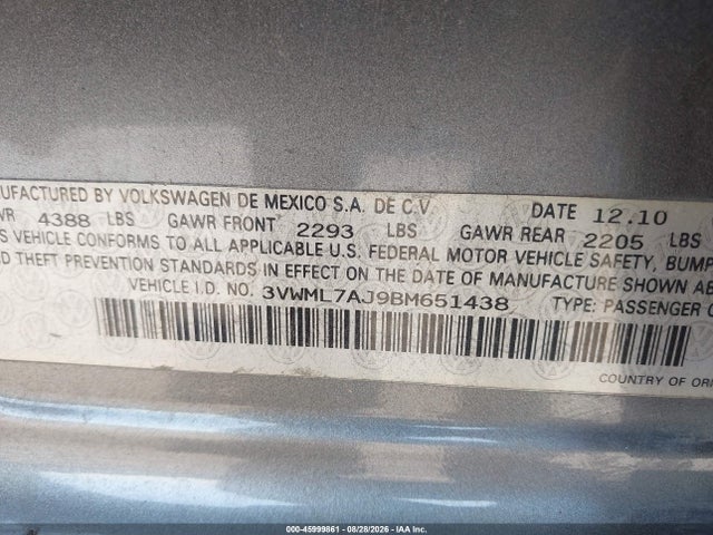 45999861 :رقم المزاد ، 3VWML7AJ9BM651438 vin ، 2011 Volkswagen Jetta Sportwagen 2.0l Tdi مزاد بيع