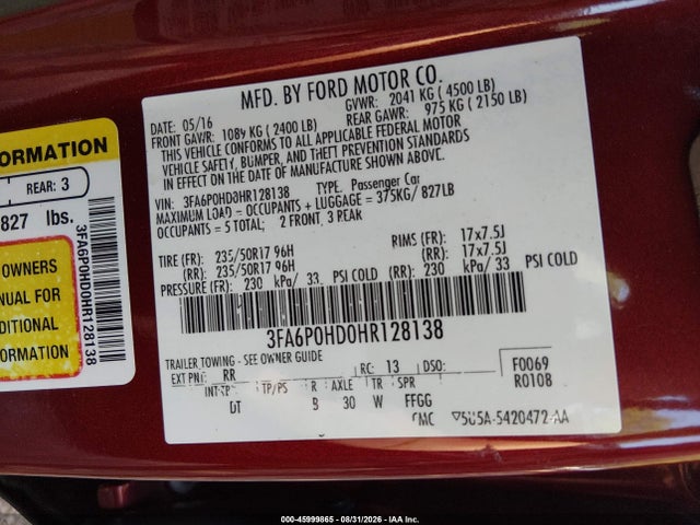 45999865 :رقم المزاد ، 3FA6P0HD0HR128138 vin ، 2017 Ford Fusion Se مزاد بيع
