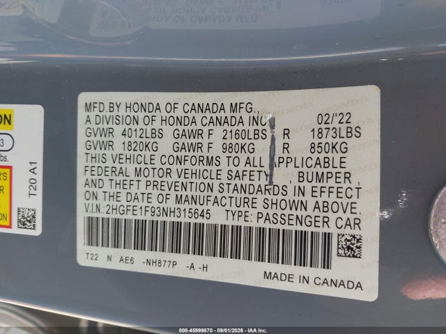 Honda Civic Touring 2022 2HGFE1F93NH315645 Image 9