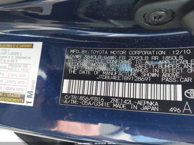 Aukcja sprzedaży 2011 Toyota Corolla Le, vin: JTDBU4EE1B9128691, numer aukcji: 45999871
