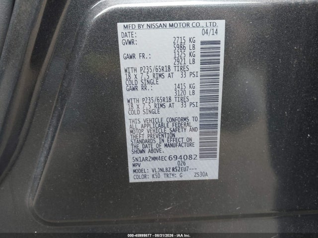 Auction sale of the 2014 Nissan Pathfinder S, vin: 5N1AR2MM4EC694082, lot number: 45999877