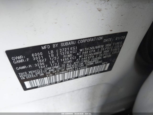 Aukcja sprzedaży 2020 Subaru Ascent Premium, vin: 4S4WMAFD0L3448896, numer aukcji: 45999896