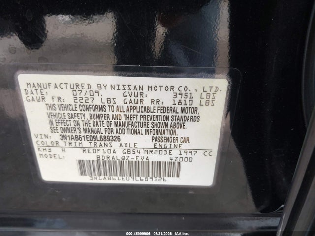 Aukcja sprzedaży 2009 Nissan Sentra 2.0, vin: 3N1AB61E09L689326, numer aukcji: 45999906