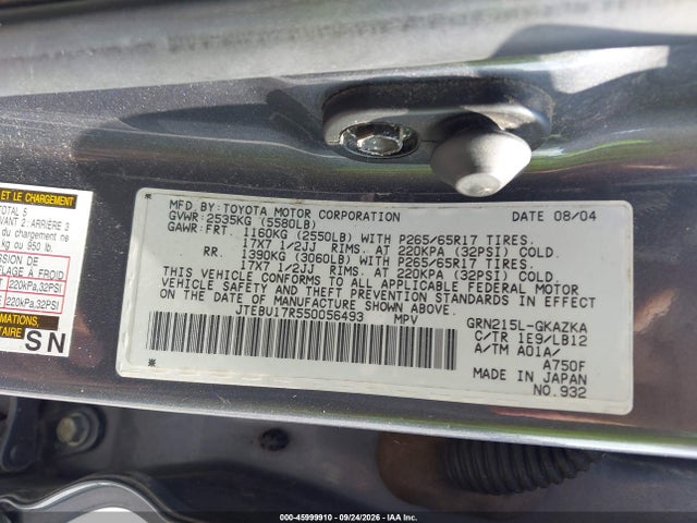 2005 Toyota 4runner Limited V6 მანქანა იყიდება აუქციონზე, vin: JTEBU17R550056493, აუქციონის ნომერი: 45999910