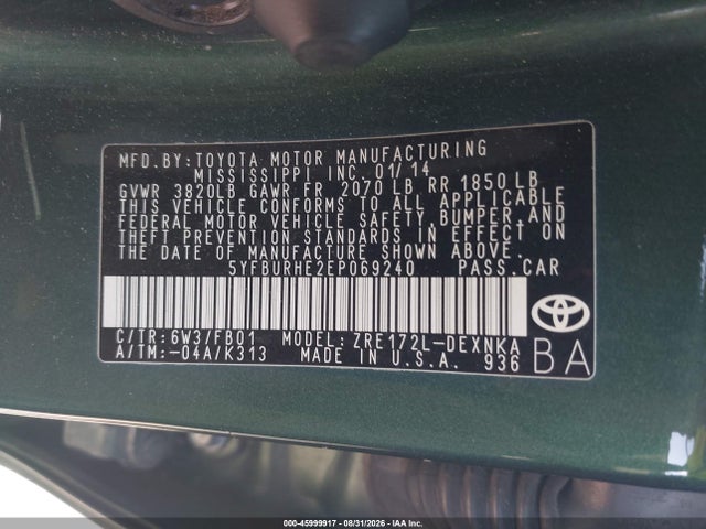2014 Toyota Corolla Le მანქანა იყიდება აუქციონზე, vin: 5YFBURHE2EP069240, აუქციონის ნომერი: 45999917