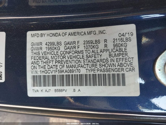 Aukcja sprzedaży 2019 Honda Accord Ex-l, vin: 1HGCV1F59KA089170, numer aukcji: 45999921