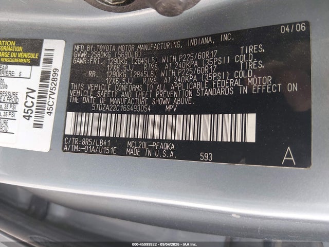45999922 :رقم المزاد ، 5TDZA22C16S493054 vin ، 2006 Toyota Sienna Xle مزاد بيع