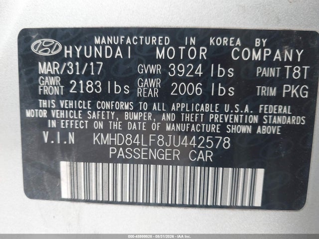 2018 Hyundai Elantra Sel მანქანა იყიდება აუქციონზე, vin: KMHD84LF8JU442578, აუქციონის ნომერი: 45999928