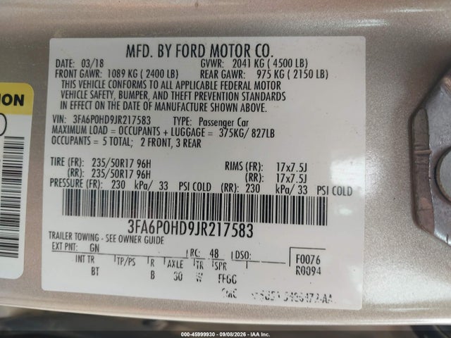 2018 Ford Fusion Se მანქანა იყიდება აუქციონზე, vin: 3FA6P0HD9JR217583, აუქციონის ნომერი: 45999930