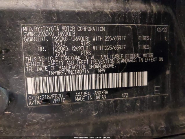 2022 Toyota Rav4 Hybrid Le მანქანა იყიდება აუქციონზე, vin: JTMMWRFV7ND140716, აუქციონის ნომერი: 45999937