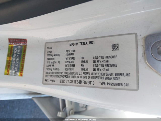 45999940 :رقم المزاد ، 5YJ3E1EB4MF879010 vin ، 2021 Tesla Model 3 Long Range Dual Motor All-wheel Drive مزاد بيع