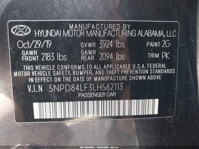 45999961 :رقم المزاد ، 5NPD84LF3LH562113 vin ، 2020 Hyundai Elantra Sel مزاد بيع