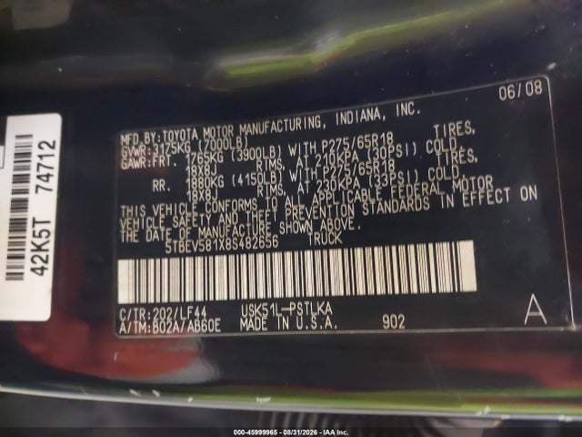 Aukcja sprzedaży 2008 Toyota Tundra Limited 5.7l V8, vin: 5TBEV581X8S482656, numer aukcji: 45999965