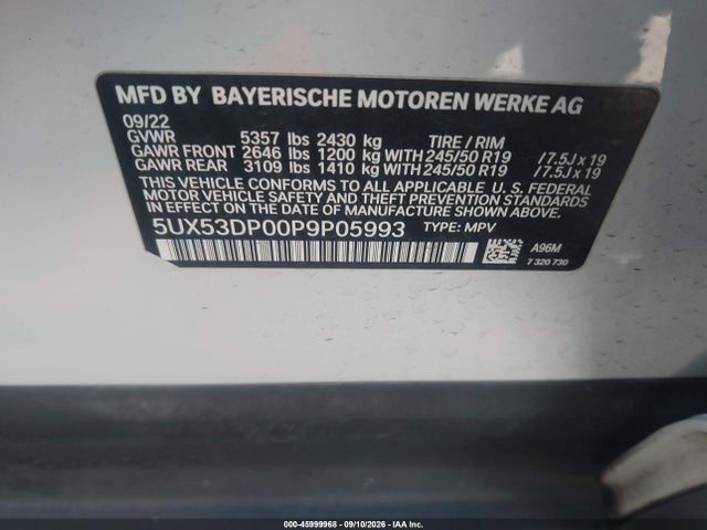 Продаж на аукціоні авто 2023 Bmw X3 Xdrive30i, vin: 5UX53DP00P9P05993, номер лоту: 45999968