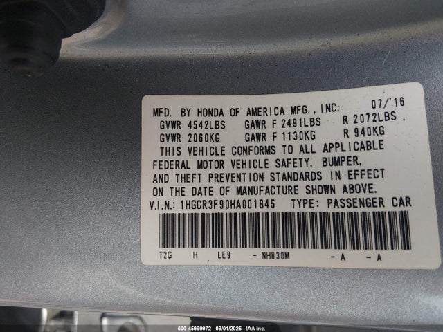 Продаж на аукціоні авто 2017 Honda Accord Touring V6, vin: 1HGCR3F90HA001845, номер лоту: 45999972