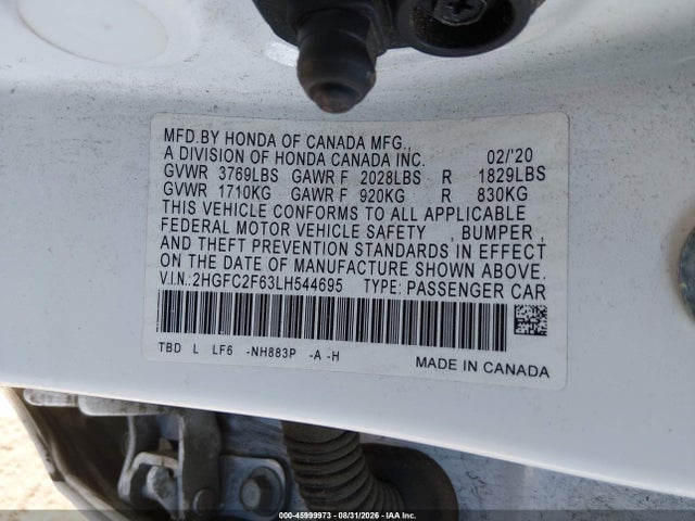 45999973 :رقم المزاد ، 2HGFC2F63LH544695 vin ، 2020 Honda Civic Lx مزاد بيع