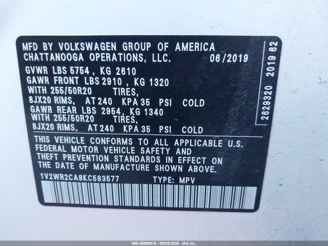 45999975 :رقم المزاد ، 1V2WR2CA8KC583577 vin ، 2019 Volkswagen Atlas 3.6l V6 Se W/technology مزاد بيع