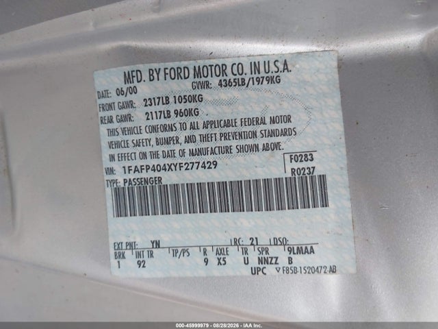 Продаж на аукціоні авто 2000 Ford Mustang, vin: 1FAFP404XYF277429, номер лоту: 45999979