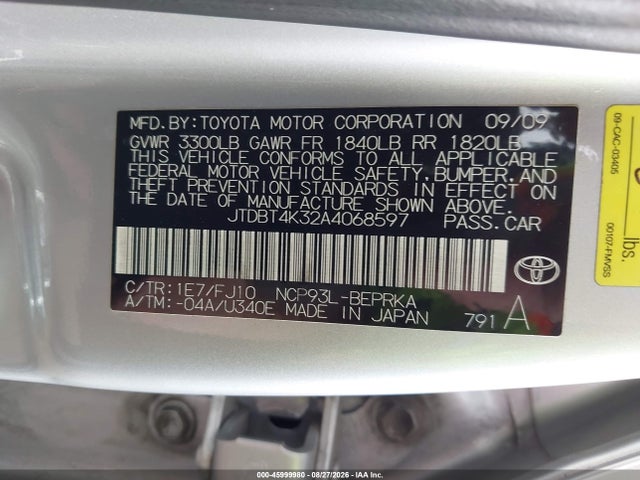 Aukcja sprzedaży 2010 Toyota Yaris, vin: JTDBT4K32A4068597, numer aukcji: 45999980