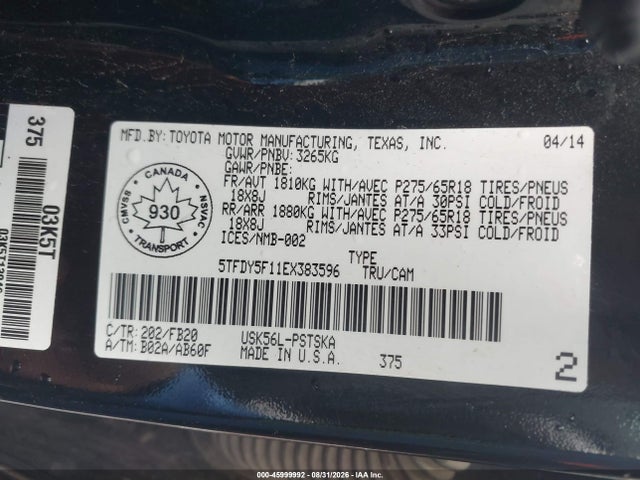 Aukcja sprzedaży 2014 Toyota Tundra Sr5 5.7l V8, vin: 5TFDY5F11EX383596, numer aukcji: 45999992